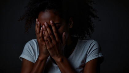 Woman in despair covering face and crying in dark room, emotional pain