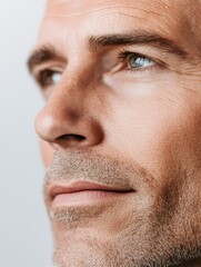 Fototapeta premium Close up of confident mature man gazing upwards, showing signs of aging