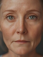 Close up portrait of senior woman showing wrinkles and aging skin