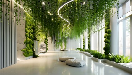 Interior of modern office lobby with plants. 3D Rendering