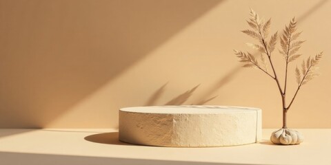 Cream-colored cylindrical pedestal with dried plant arrangement, sunlit minimalist studio setting