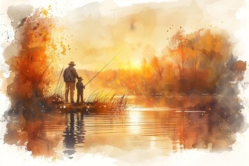 Fototapeta premium A serene fishing scene at sunset, showcasing nature's beauty and bonding moments.