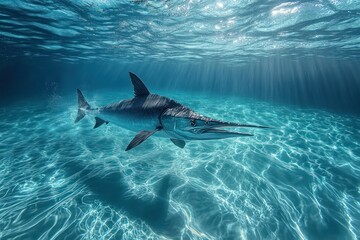 Fototapeta premium Elegant swordfish swims sunlit turquoise water.