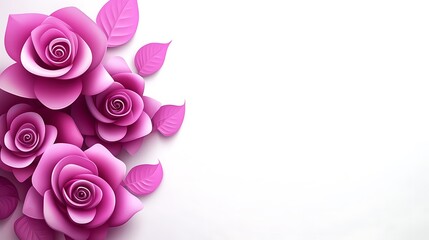Pink paper roses and leaves on white background