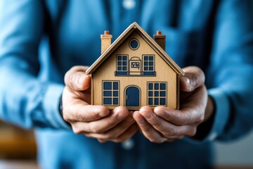 Holding a small wooden house model in hands while displaying a concept of home ownership and security
