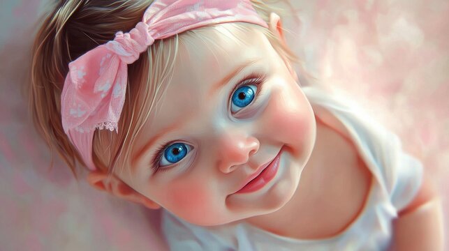 A close-up portrait of a happy baby girl with blue eyes and a pink headband, looking at the camera and smiling.