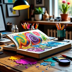 Fototapeta premium vibrant art supplies and unfinished sketches photorealistic 8K creation process on wooden table vaporwave inspired workspace