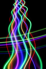 A long exposure photograph. Light painting photography, vibrant fairy lights against a black background