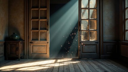 Sunlit Dust Motes Dance Through Open Doors in a Room with Aged Wooden Floors and Walls, Creating an Enchanting Atmosphere
