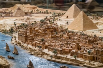 Obraz premium Detailed Miniature Model of Ancient Egyptian Civilization Featuring Pyramids, Nile River, and Historic Structures Surrounded by Lush Desert Landscape