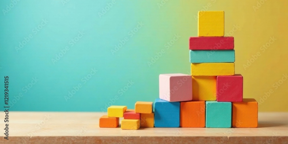 Poster Colorful Wooden Blocks Arranged in Ascending Order on a Table Against a Gradient Background