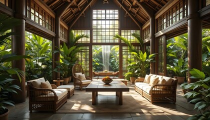 Fototapeta premium Open concept indoor garden with comfortable lounge furniture