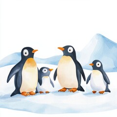Fototapeta premium Charming penguins in watercolor illustration snowy landscape animal clipart playful environment artistic viewpoint, isolated on white background
