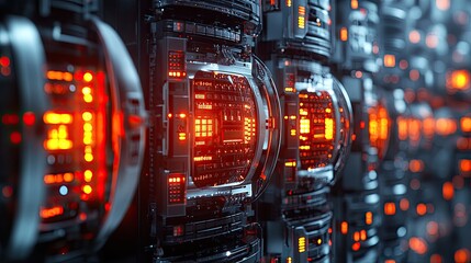 A corridor in a modern data center, lined with sleek server racks on either side.