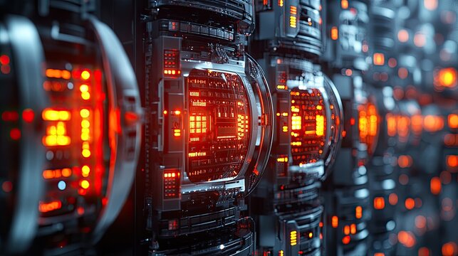 A corridor in a modern data center, lined with sleek server racks on either side.