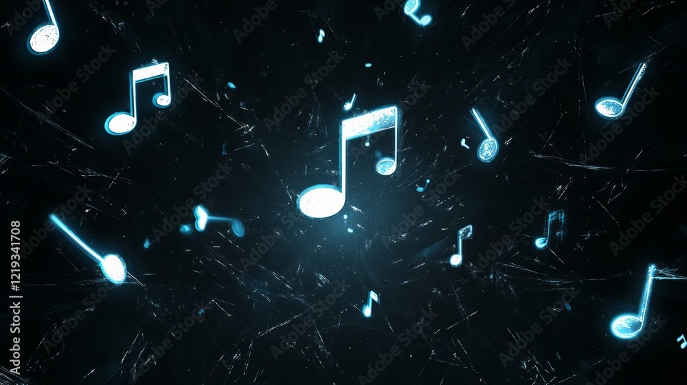 Poster bright music notes are floating on a dark textured background, creating a vibrant and dynamic musica