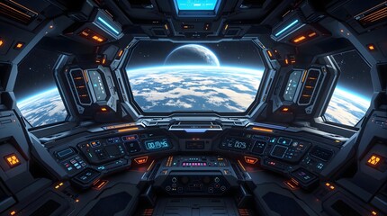 Futuristic spaceship cockpit view of Earth and space
