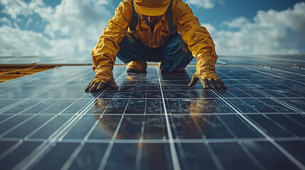 Énergies de la nature : propre et efficace, pose panneaux solaires, énergie renouvelable © Fred