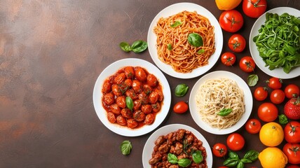 A vibrant display of pasta dishes with fresh tomatoes and basil, showcasing an appetizing array of Italian cuisine on a rustic table.