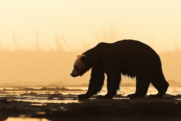Majestic silhouette of a bear walking along a misty shoreline at sunrise, showcasing the beauty of wildlife in its natural habitat and the serenity of early morning light.