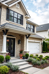 Luxury House Exterior: Modern Stone Facade, Landscaping, and Spacious Garage