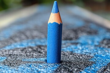A blue pencil lying on the ground with only the tip visible, possibly lost or abandoned