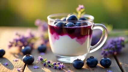 A serene still life of lavender yogurt with blueberry compote, topped with dried lavender petals, set on a rustic wooden table, bathed in warm afternoon light.