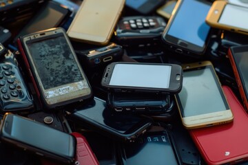 A collection of mobile devices stacked on top of each other, great for concepts about technology and communication