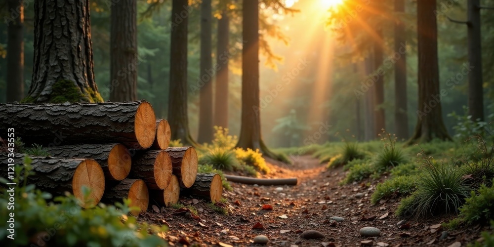 Aufkleber Golden sunlight streams through a dense forest, illuminating a pile of neatly stacked logs beside a tranquil path