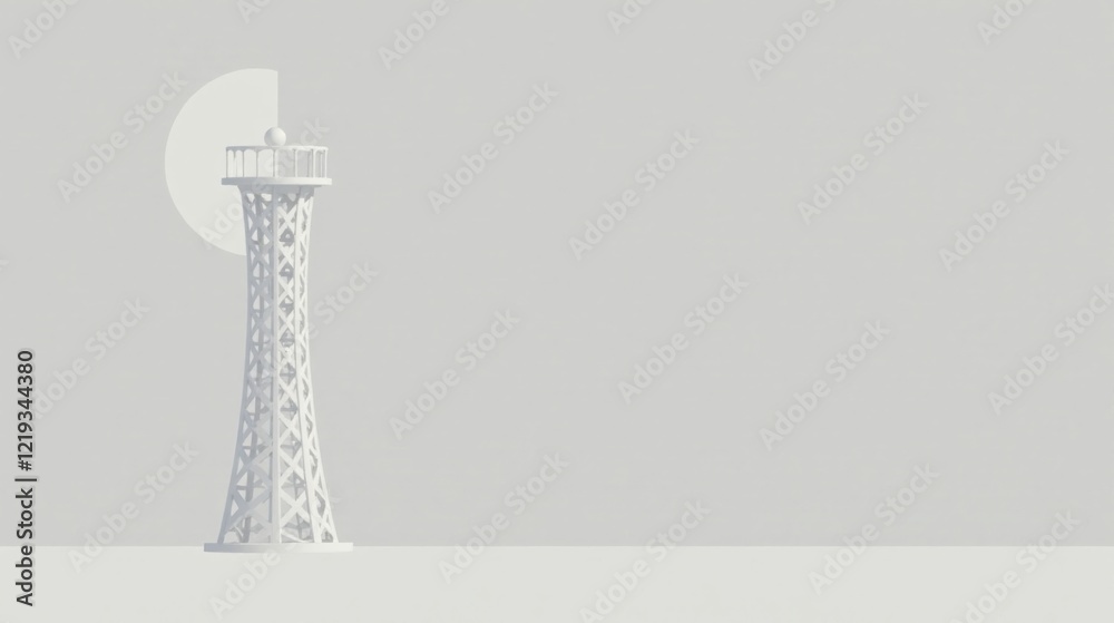 Poster minimalist architectural render of a tall white tower against a simple background