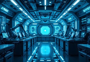 Futuristic control room with glowing displays and robotic arms