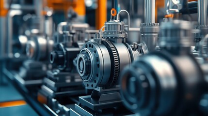 Fototapeta premium Close-up of industrial diaphragm pumps in a factory setting, showcasing precision engineering, industrial automation, and high-performance machinery.