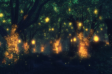 Naklejka premium Enchanted forest filled with glowing lights and magical atmosphere at night