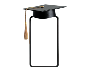 Smartphone with a graduation cap on top, isolated on transparent cutout background