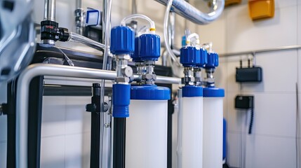 A water filter system with pipes and filters visible, installed in a utility room. -