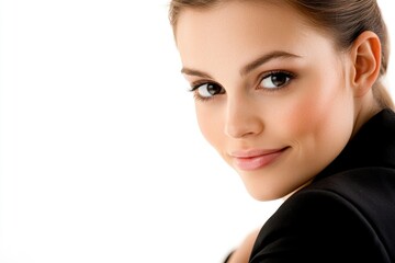 Obraz premium A woman wearing a black jacket standing on a white background