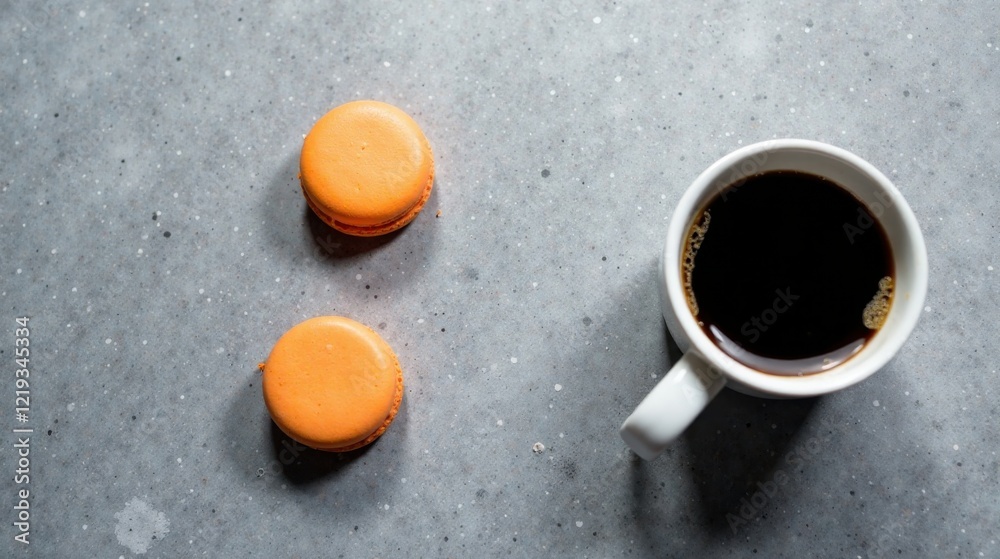 Poster aromatic coffee break with two delightful orange macarons on a textured surface