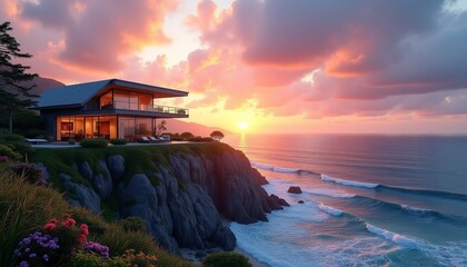 Contemporary Two-Story House on a Cliff Overlooking a Vibrant Sunset Ocean with a Tranquil and Luxurious Atmosphere