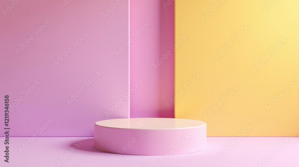 Poster pastel pink and yellow studio backdrop with circular pedestal for product display