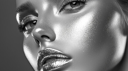 High-Fashion Portrait of a Female Model in Metallic Silver Tones – Perfect for Luxury Branding