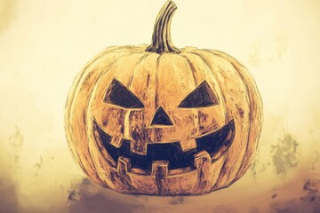 A carved pumpkin with a creepy face, perfect for Halloween decorations or autumnal themes