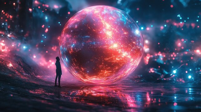 A 3D representation of a globe made up of colorful,