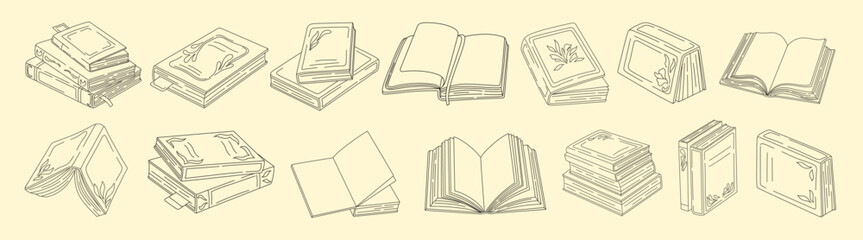 Set of books line art. Open books and stacks of books in a flat design style. World Book Day. Vector.