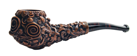 Vintage smoking pipe with a curved stem, isolated on transparent cutout background