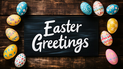 Colorful hand-painted Easter eggs surround a rustic banner reading Easter Greetings. The wooden background adds warmth, evoking a cozy farmhouse atmosphere perfect for spring celebrations