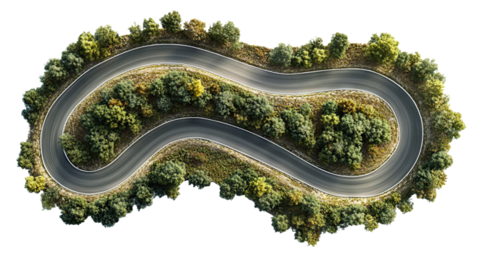 Winding asphalt road surrounded by lush green trees, top view, isolated on transparent cutout background.
