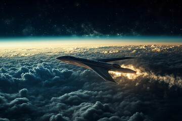 Supersonic aircraft flying through dramatic cloud formations at sunset