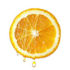 Fresh orange slice with dripping juice, isolated on transparent cutout background