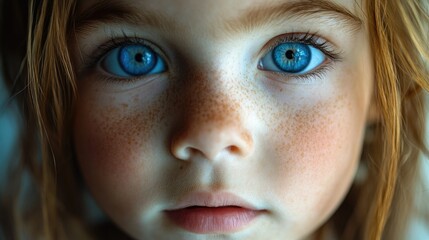 A young child's face with bright blue eyes, ideal for use in family or educational settings