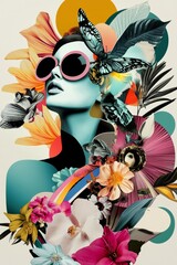 Contemporary abstract style featuring a woman's portrait and fresh flowers.